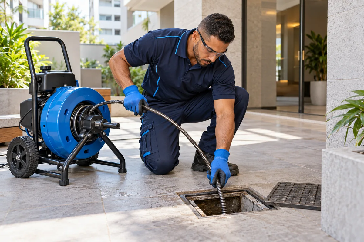 profissional desobstruindo uma caixa de esgoto com equipamento